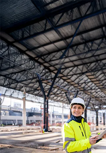 Construction worker smiling whilst working on a job site.